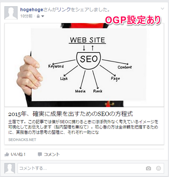 OGPが設定されている場合のFacebookのフィード