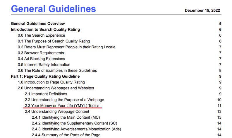Google General Guidelines（Google検索品質評価ガイドライン）目次画面キャプチャ