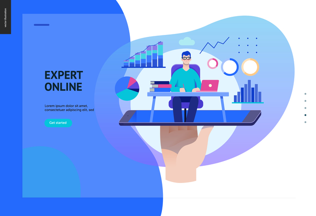 Business series, color 2 - expert online consulting -modern flat vector illustration concept of consultant online from smartphone. Consulting interaction process. Creative landing page design template