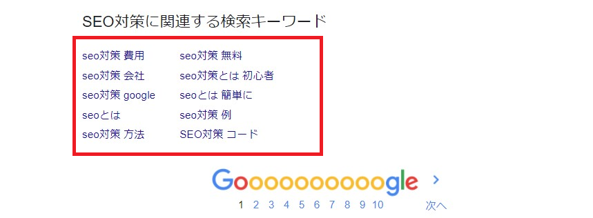 SEO対策に関連する検索キーワードのスクリーンショット