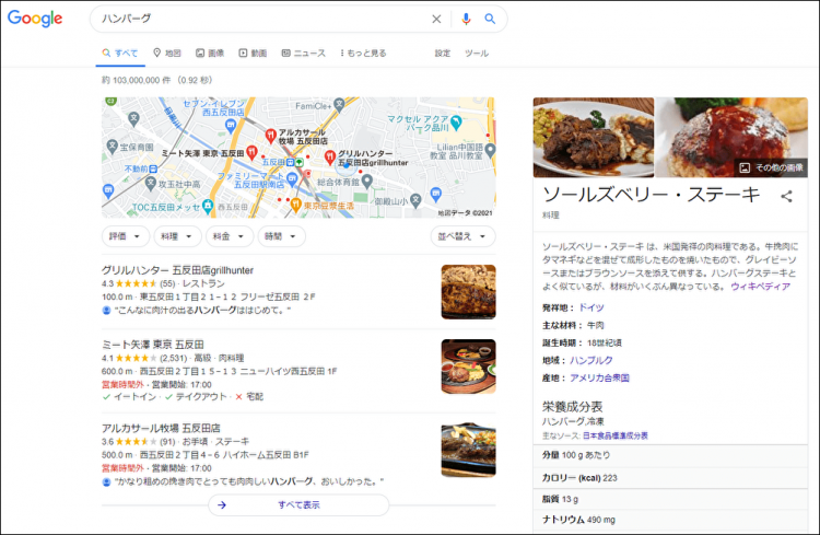 ハンバーグの検索結果に表示されるソールズベリーステーキの画像