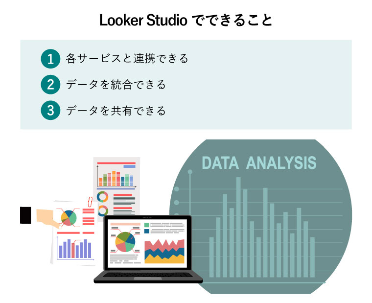 Looker Studioでできること（分析レポートを共有しているイラスト）