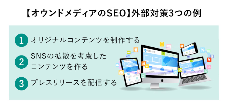 【オウンドメディアのSEO】外部対策3つの例（拡散されたウェブページを表示したデスクトップパソコン、ノートパソコン、スマートフォン、タブレット）