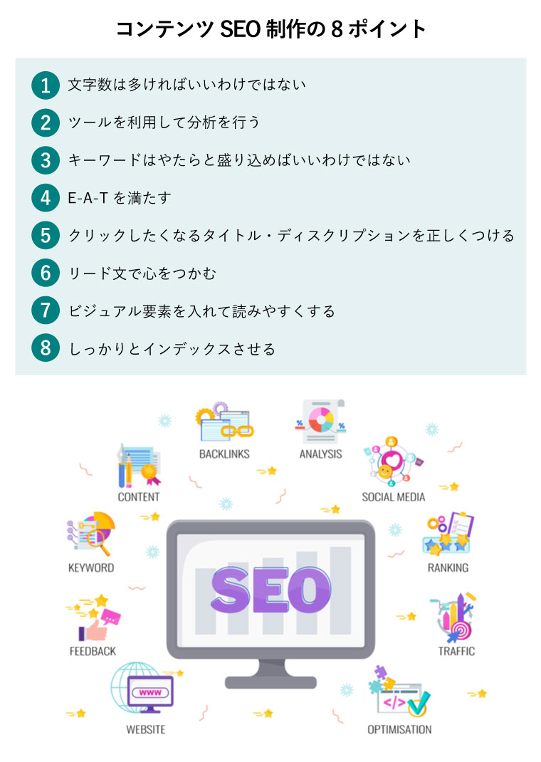 コンテンツSEO制作の8ポイント（SEOと表示するパソコン）