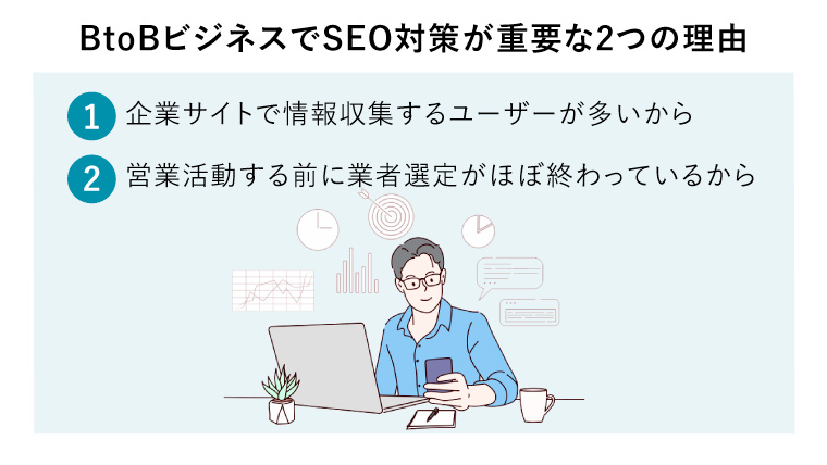 BtoBビジネスでSEO対策が重要な2つの理由
（オフィスのデスクでノートパソコンを使って情報収集をする若いビジネスマン。）