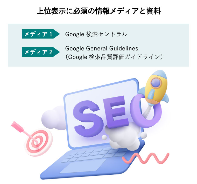 上位表示に必須の情報メディアと資料（ノートパソコンにSEOの文字が飛び出し、打ち上がるロケットとターゲットを射止めたアイコン）