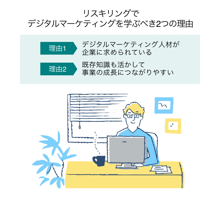 リスキリングでデジタルマーケティングを学ぶべき2つの理由（オフィスでリスキリングを受ける充実した表情のビジネスマン）