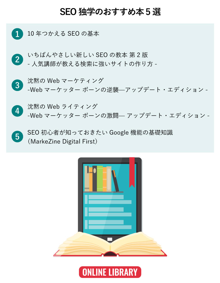 SEO独学のおすすめ本 5選（ブックリーダーモバイルアプリケーションとオープンブック付きコンピュータタブレット。オンライン図書館、電子書籍、デジタルブックストア、電子読書、オンライン学習コンセプト）