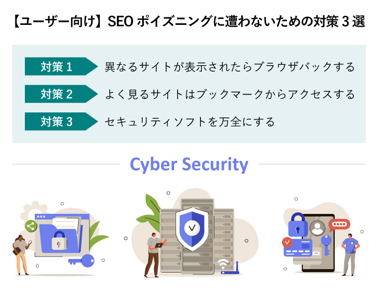 【ユーザー向け】SEOポイズニングに遭わないための対策3選（Cyber Security Servicesを利用して個人データを保護するイメージイラスト）
