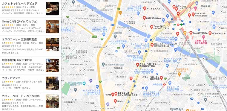 6つの店名と店舗情報とサムネイルが縦に並び、右横に地図のあるローカルファインダーの表示画面