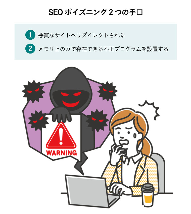 SEOポイズニング 2つの手口（パソコンを使った詐欺・犯罪の被害に遭った女性会社員のイラスト）