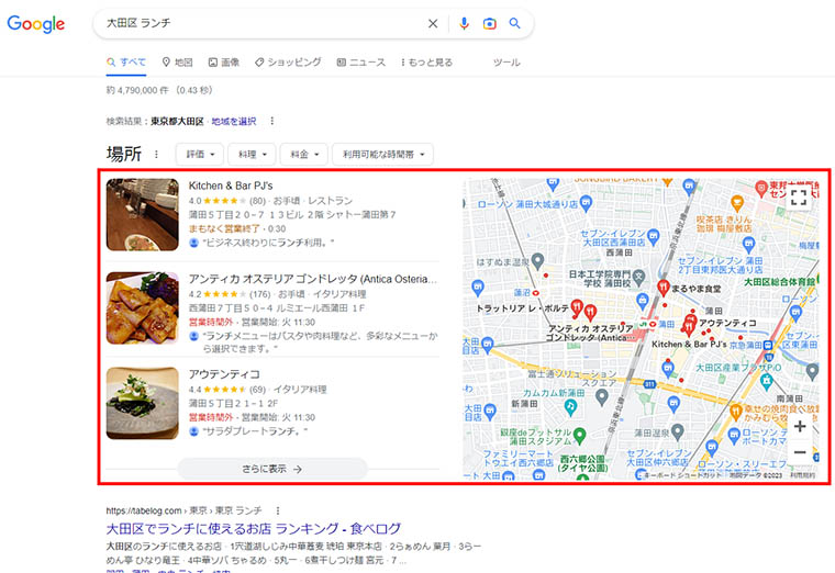 Google検索で「大田区 ランチ」と検索した場合の検索結果画面（場所：店舗と店舗情報とサムネイルが縦に3件並び・右に地図が表示）