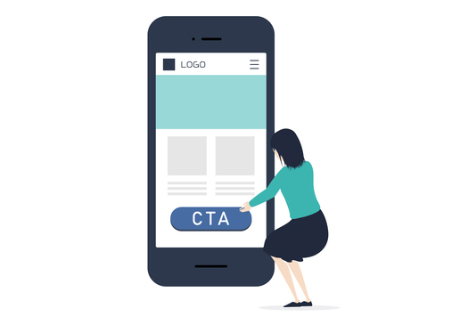 スマートフォン画面下にあるCTAボタンをクリックする女性