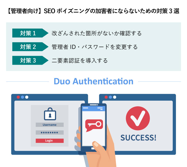 【管理者向け】SEOポイズニングの加害者にならないための対策3選（Duo Authentication二要素認証をパソコンとスマートフォンでしている手元）