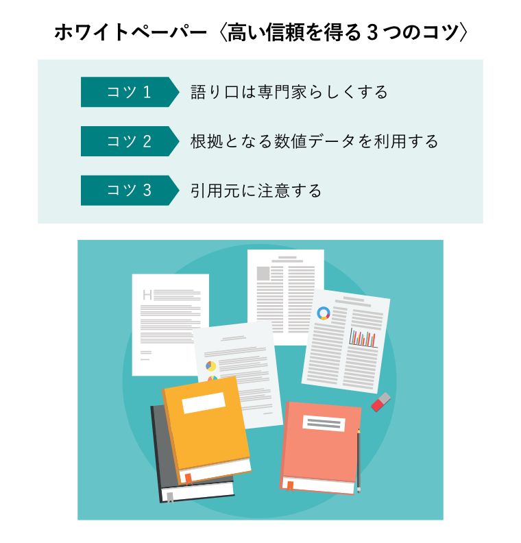 ホワイトペーパー〈高い信頼を得る3つのコツ〉（4枚のホワイトペーパーと文献の3冊の本）