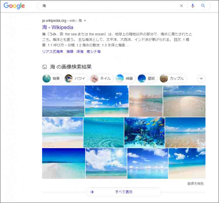 「海」と検索し、「海の画像検索結果」が表示されているGoogle検索結果画面キャプチャ