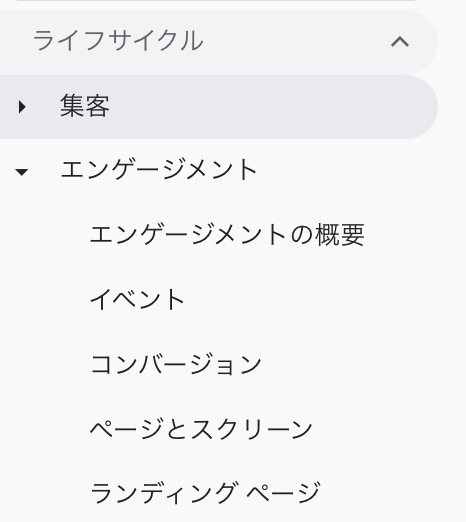 ライフサイクル→集客→エンゲージメント→エンゲージメントの概要・イベント・コンバージョン・ページとスクリーン・ランディングページ（GA4画面キャプチャ）