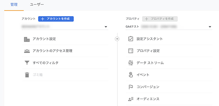 管理・ユーザー・アカウント作成：プロパティ「GA4テスト」のキャプチャ画像