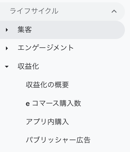 ライフサイクル→集客→エンゲージメント→収益化・収益化の概要・eコマース購入数・アプリ内購入・パブリッシャー広告（GA4画面キャプチャ）