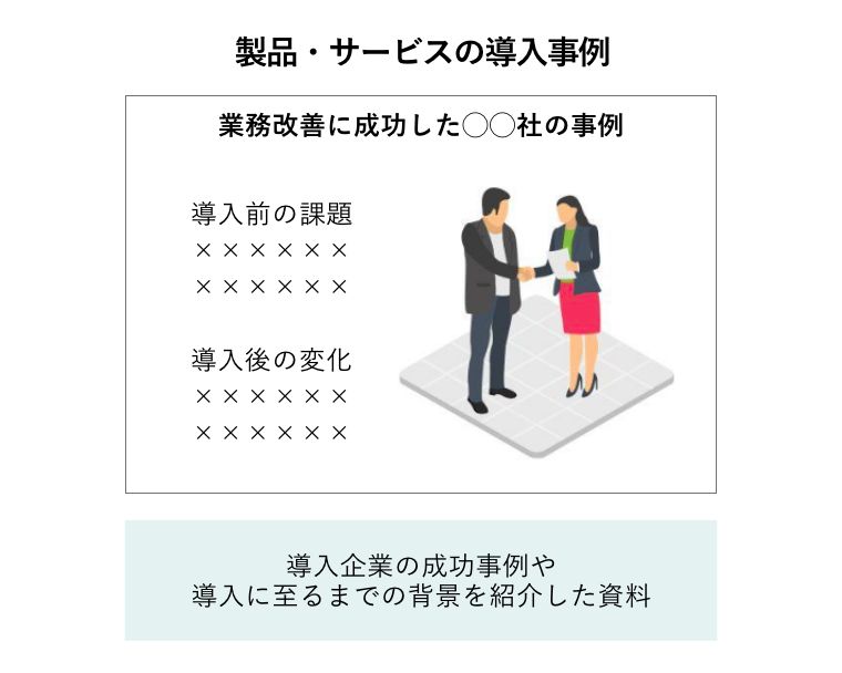 「製品・サービスの導入事例」のホワイトペーパー（業務改善に成功した◯◯社の事例：導入前の課題・導入後の変化：導入企業の成功事例や導入に至るまでの背景を紹介した資料）