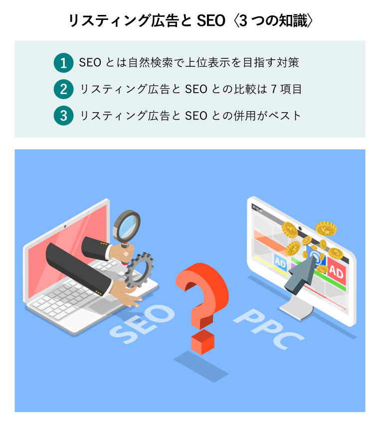 SEOとリスティング広告〈3つの違い〉（SEOとPPCのコンセプト。クリックごとの比較支払と検索エンジンの最適化マーケティング）