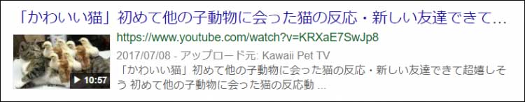 「かわいい猫」の動画サムネイルとメタディスクリプションが表示されているGoogle検索結果画面キャプチャ