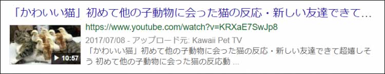 「かわいい猫」の動画サムネイルとメタディスクリプションが表示されているGoogle検索結果画面キャプチャ