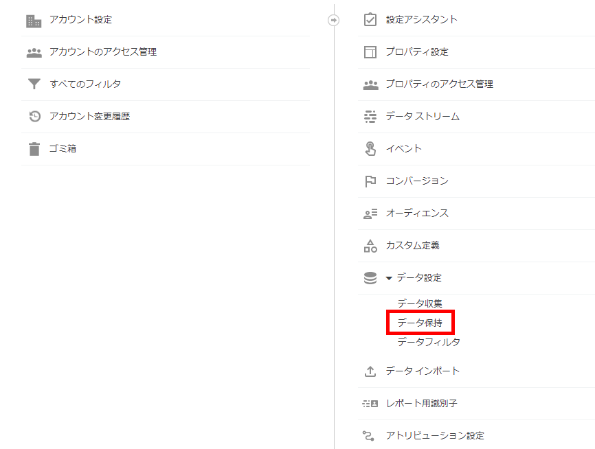 管理→「データ設定」→「データ保持」を選択（GA4画面キャプチャ）
