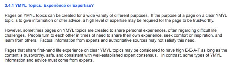 3.4.1 YMYL Topics: Experience or Expertise? （Google General Guidelines：Google検索品質評価ガイドライン）画面キャプチャ