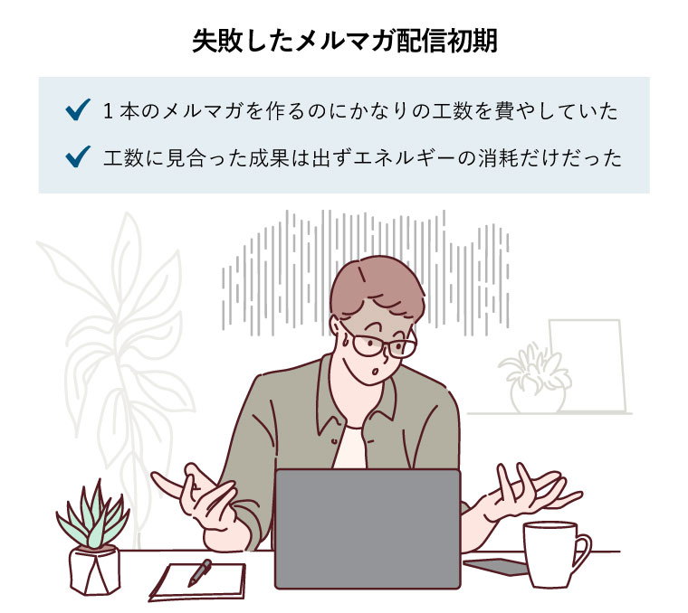 失敗したメルマガ配信初期（仕事中、ノートパソコンを見て悪い知らせにショックを受けるビジネスマン）