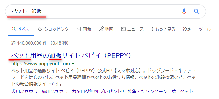 「ペット 通販」のキーワードを含めたタイトル画面キャプチャ
