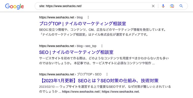 自社サイトのURLの前に「site:」コマンドを付けて検索した画面キャプチャ