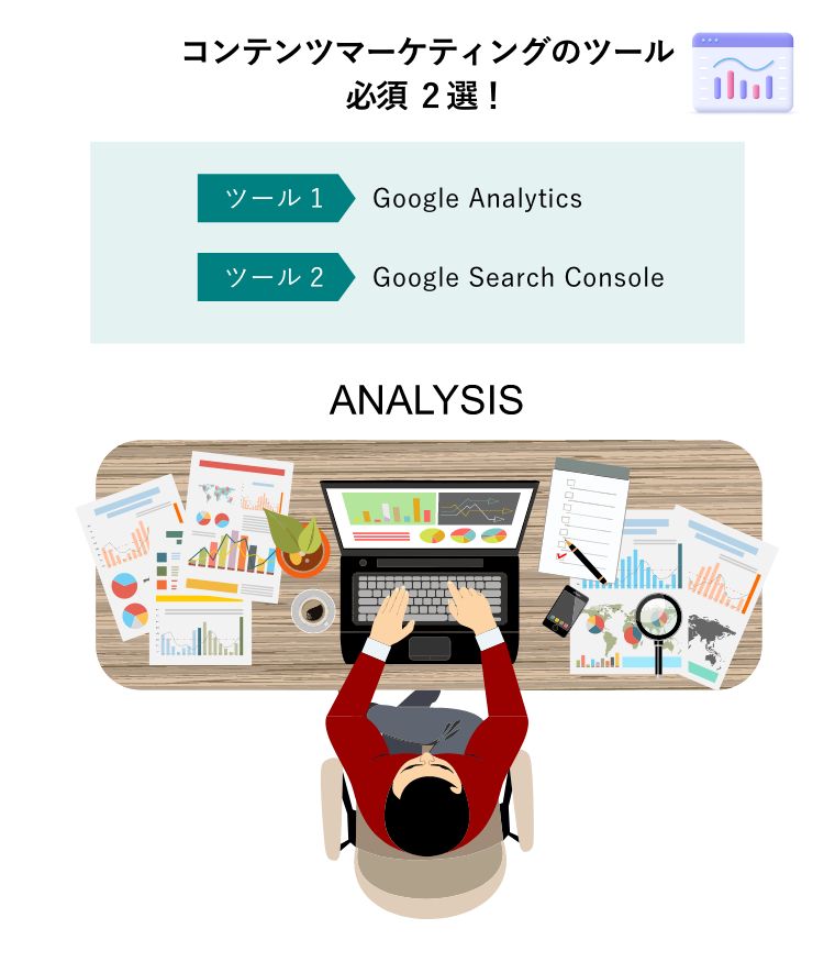 コンテンツマーケティングのツール必須 2選！（ツールを使って分析をするビジネスマン）