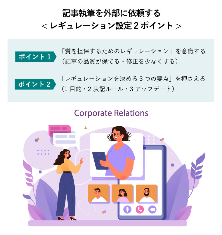 記事執筆を外部に依頼する< レギュレーション設定 2ポイント >（企業関係を円滑にするレギュレーションを共有するビジネスチーム）