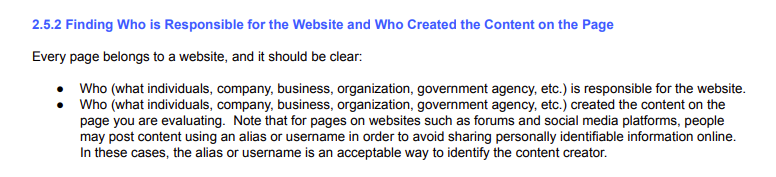 2.5.2 Finding Who is Responsible for the Website and Who Created the Content on the Page（Google General Guidelines：Google検索品質評価ガイドライン）画面キャプチャ