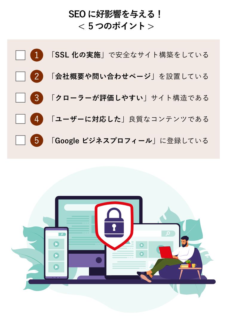 SEOに好影響を与える！< 5つのポイント >（コンピューターデータを保護するコンセプト。パソコンでコンテンツ制作をするビジネスマン）