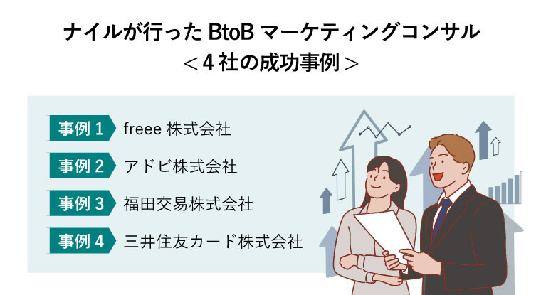 ナイルが行ったBtoBマーケティングコンサル< 4つの成功事例 >（コンサルと業績アップデータを見つめるビジネスパーソン）