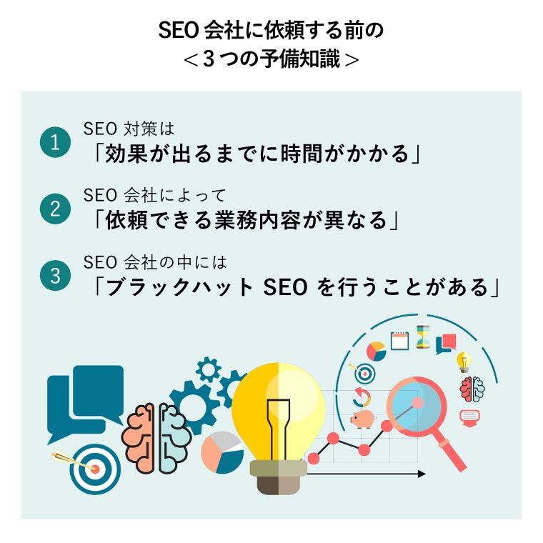 SEO会社に依頼する前の< 3つの予備知識 >（ビジネス分析・計画、コンサルティング、チームワーク、プロジェクト管理、財務報告、戦略のためのイラストコンセプト ）
