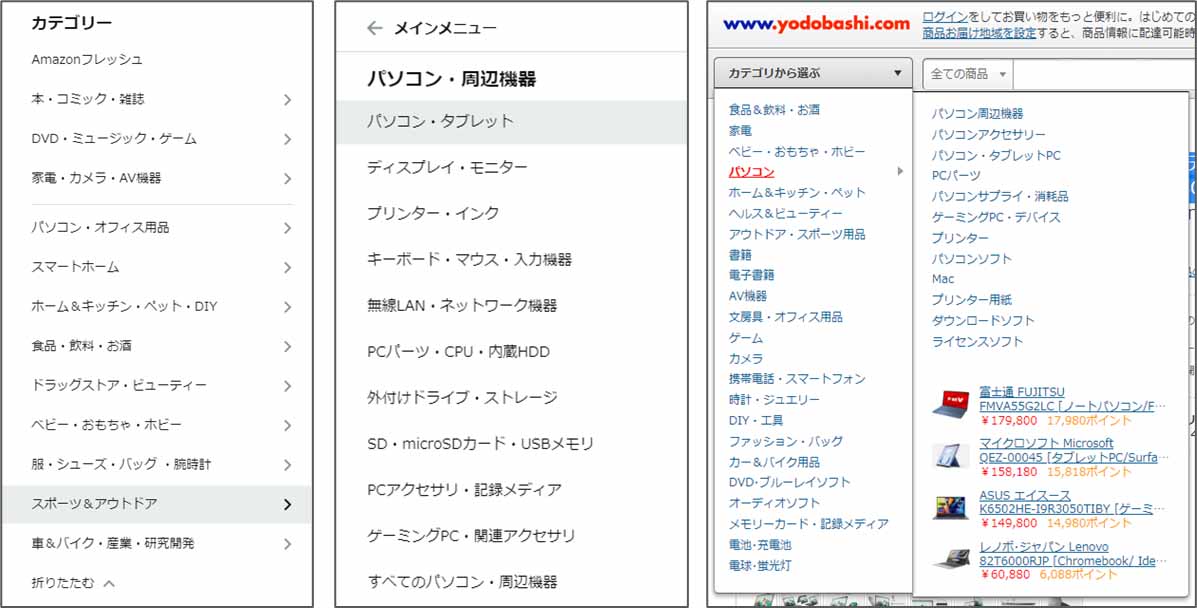 「Amazon」、「価格.com」、「ヨドバシカメラ」の各ウェブサイトのカテゴリ画面キャプチャ