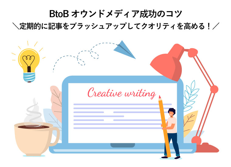 BtoBオウンドメディア成功のコツ ＼定期的に記事をブラッシュアップしてクオリティを高める！／（クリエイティブコンテンツ著作著とコンテンツマーケティング、コンテンツ管理コンセプト図）