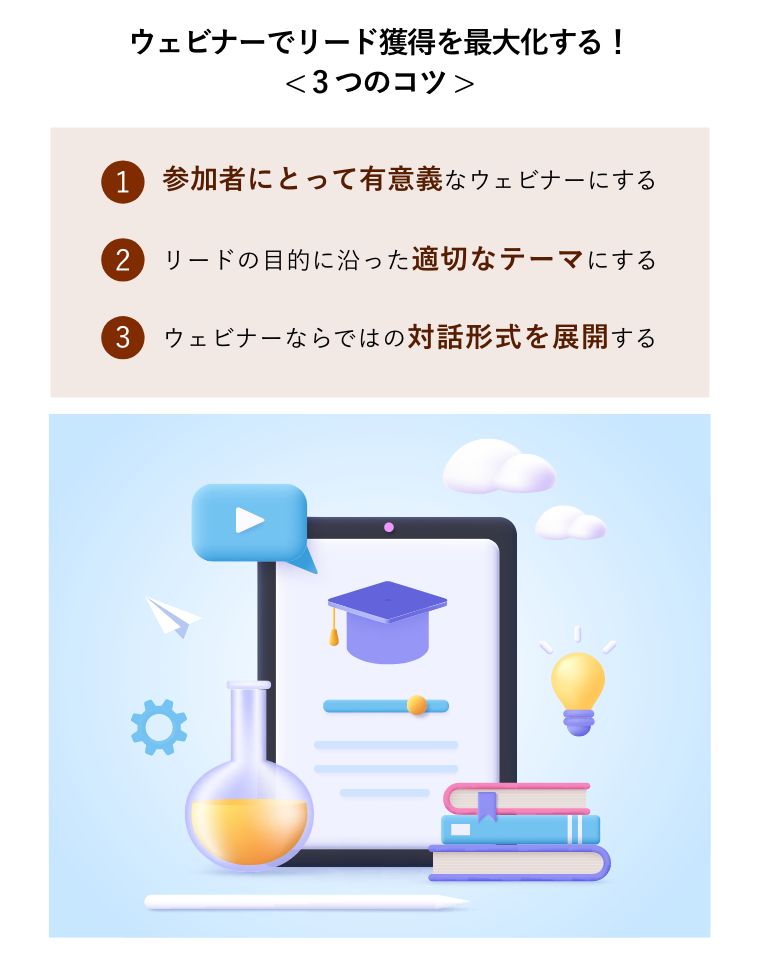 ウェビナーでリード獲得を最大化する！< 3つのコツ >（オンライン学習のコンセプト図）