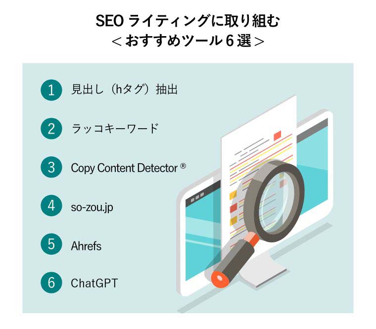 SEOライティングに取り組む< おすすめツール6選 >（記事を虫眼鏡でチェックするイメージ図）