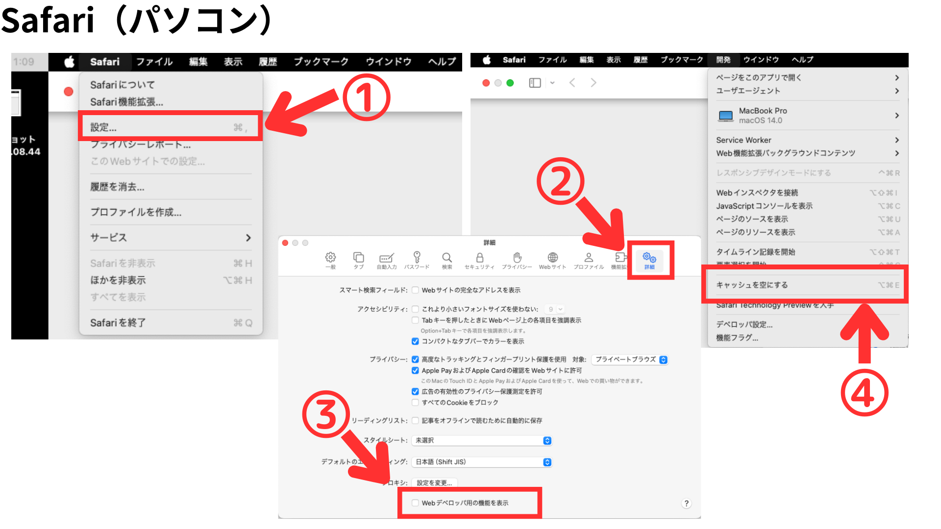 Safariのパソコンのキャッシュ削除画面