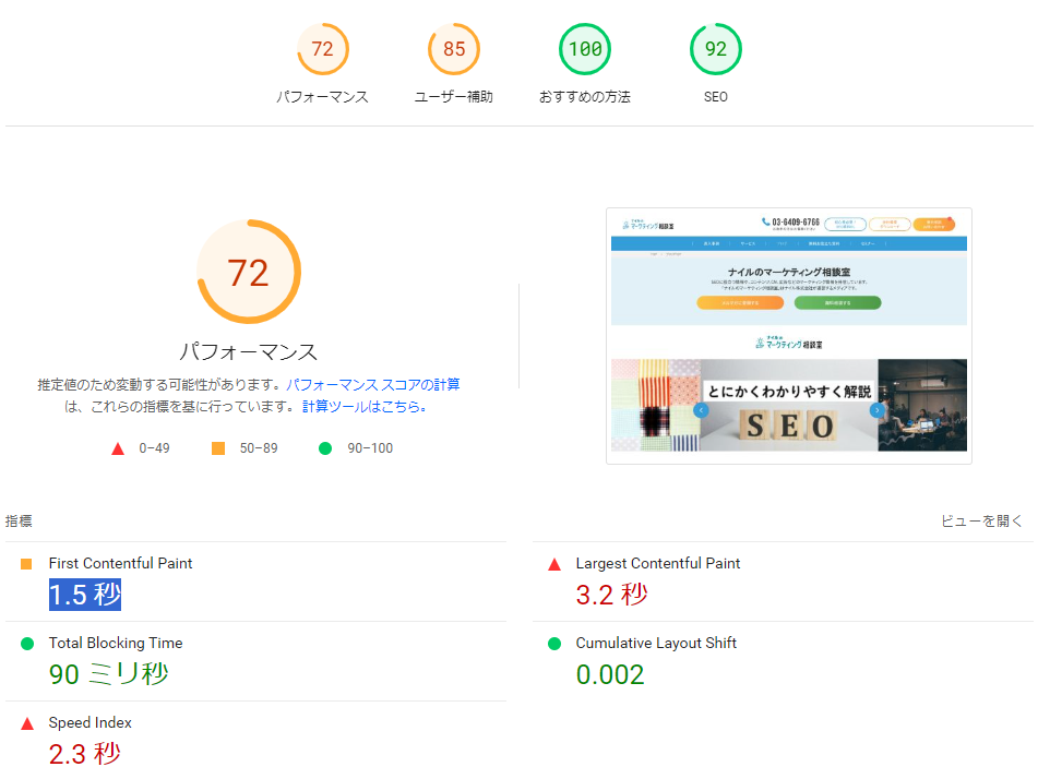 PageSpeed Insightsの計測結果画面