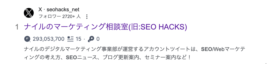 2023年11月のGoogleコアアップデートによりSNSのフォロワー数がGoogleの検索結果に表示された例