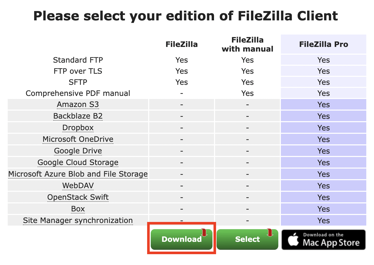 FileZillaのプランの選択画面