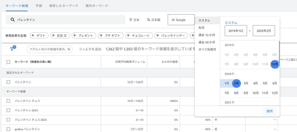 カレンダーで特定の時期に絞り込む