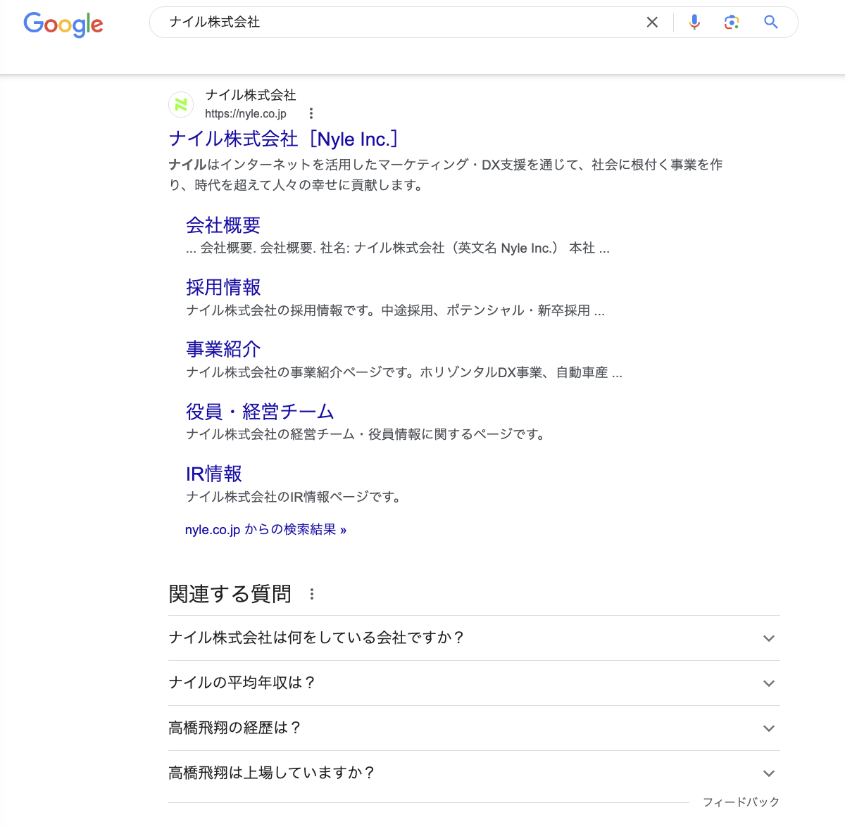 「ナイル株式会社」とGoogle検索した際のリッチリザルトのキャプチャ画像