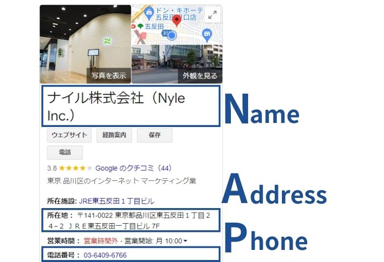 GoogleビジネスプロフィールにおけるNAP情報の例