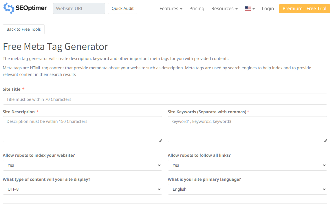 メタタグ生成ツールFree Meta Tag Generatorの操作画面